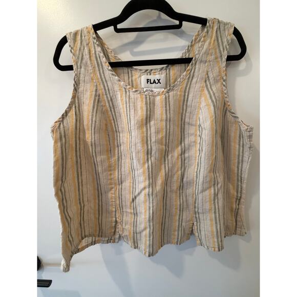 Flax Tops - Flax 100% Linen Cropped Tank Top Cream w/ Yellow and Green Stripes Womens Large